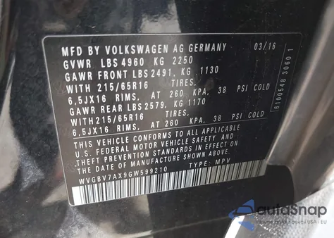 2016 Volkswagen Tiguan S from USA, damaged, VIN WVGBV7AX9GW599210